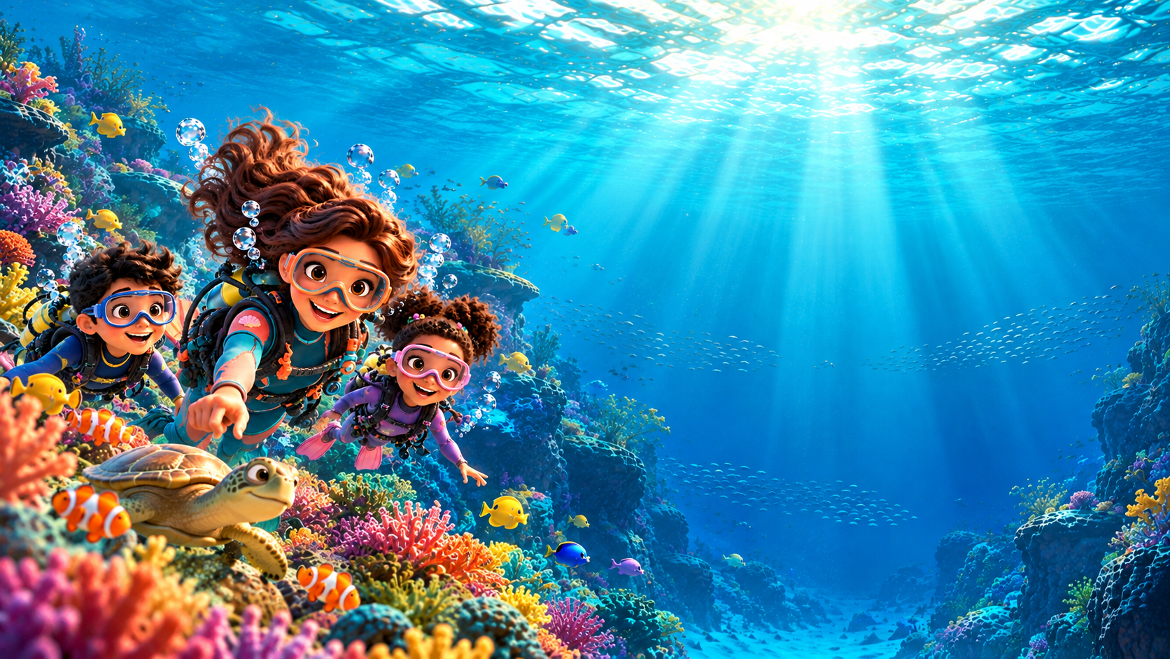 Mira and young explorers discovering a colorful ocean world