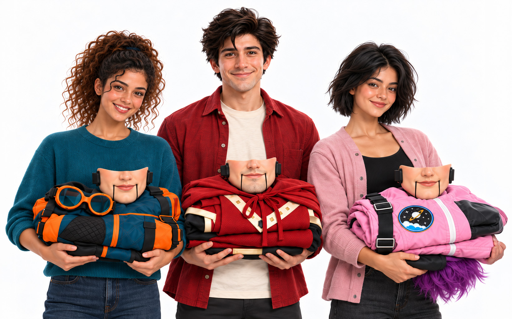Three members of the Jawly crew holding their character costumes and performance masks