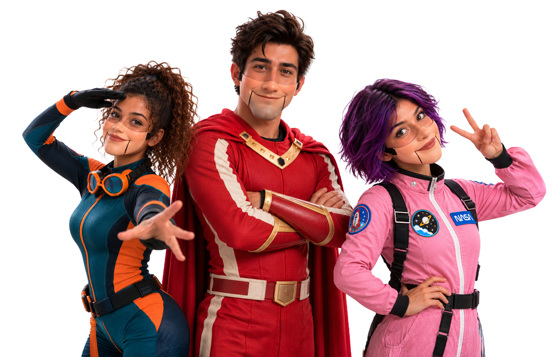 Three Jawly performers in colorful character costumes
